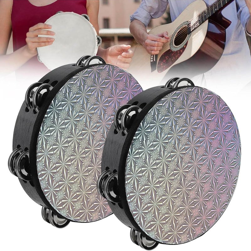 REMAGIC Wooden Tambourine for Adults, Hand Held Drum Bells 2Pcs, 8 inch Handbell Tambourine Drums for Church Party with Drumhead, Double Row Jingles Percussion Musical Educational Drum Instrument - Image 1